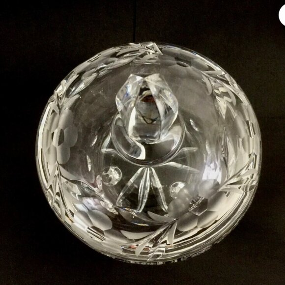 Czech Hand Cut Crystal Lidded Candy Dish Pedestal Bowl Etched Glass Lid VTG 60's - Picture 4 of 12